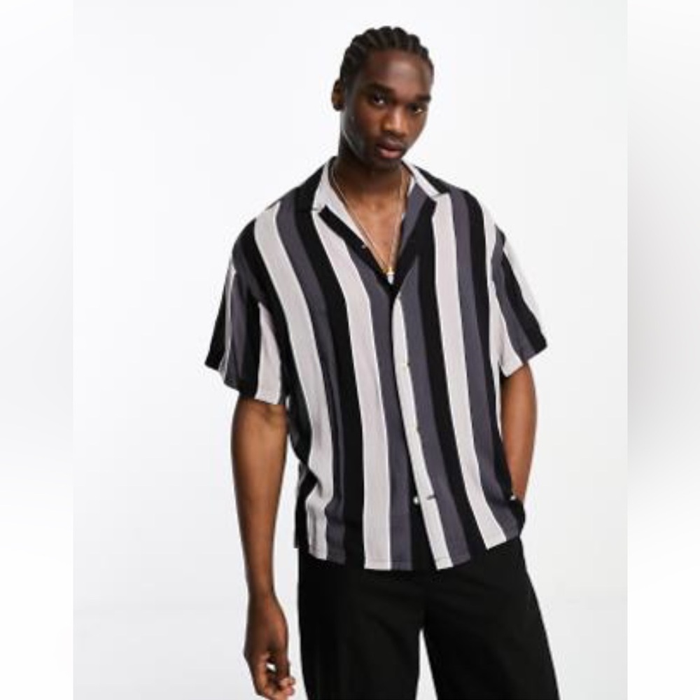 ADPT Black Striped Short-Sleeve Button-Down Shirt